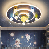 Round Space Planet LED Ceiling Light for Kids – Modern Iron Flush-Mount Fixture for Bedroom