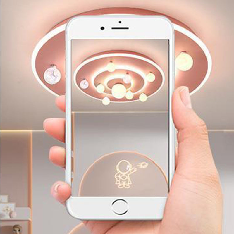 Round Space Planet LED Ceiling Light for Kids – Modern Iron Flush-Mount Fixture for Bedroom