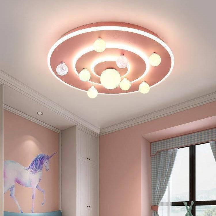 Round Space Planet LED Ceiling Light for Kids – Modern Iron Flush-Mount Fixture for Bedroom