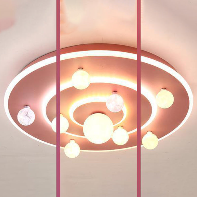 Round Space Planet LED Ceiling Light for Kids – Modern Iron Flush-Mount Fixture for Bedroom