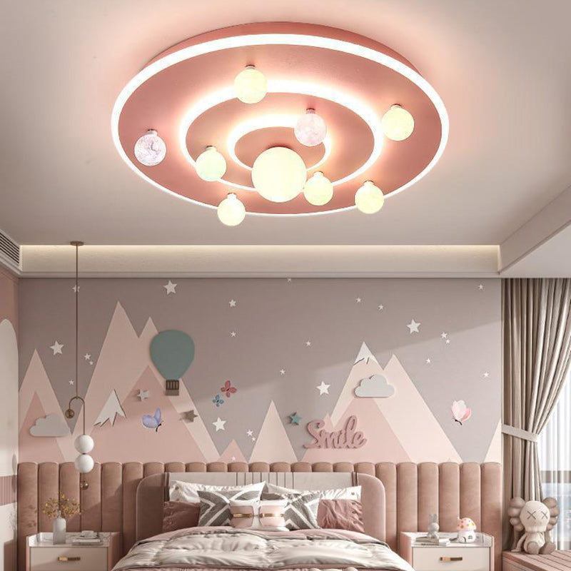Round Space Planet LED Ceiling Light for Kids – Modern Iron Flush-Mount Fixture for Bedroom
