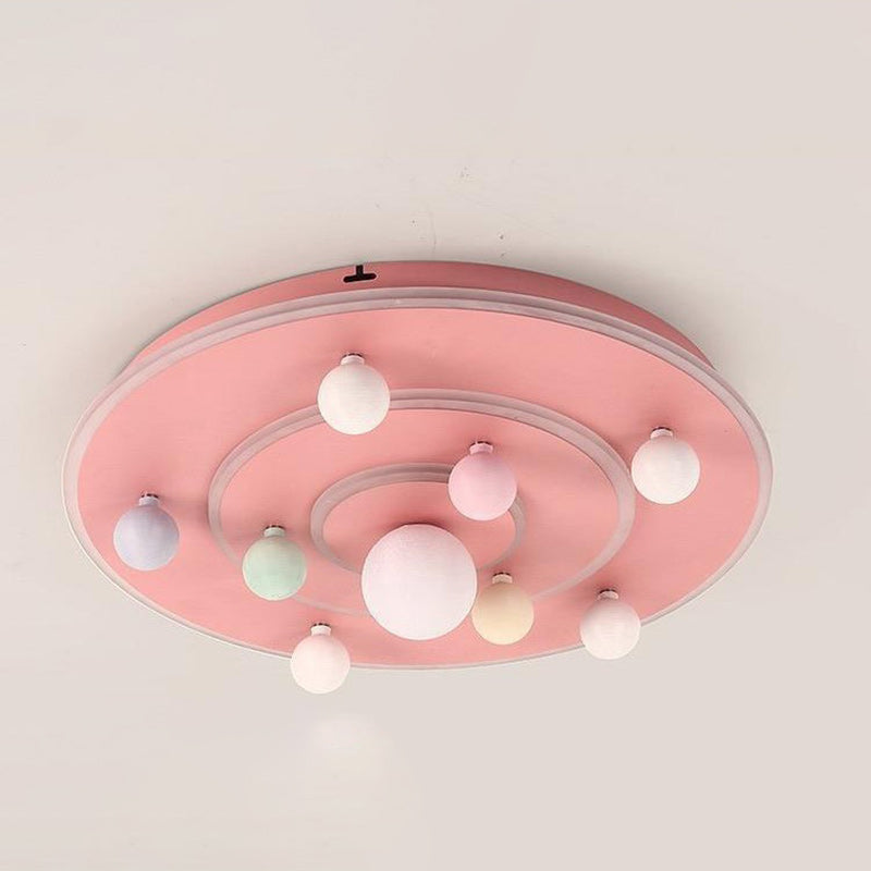 Round Space Planet LED Ceiling Light for Kids – Modern Iron Flush-Mount Fixture for Bedroom