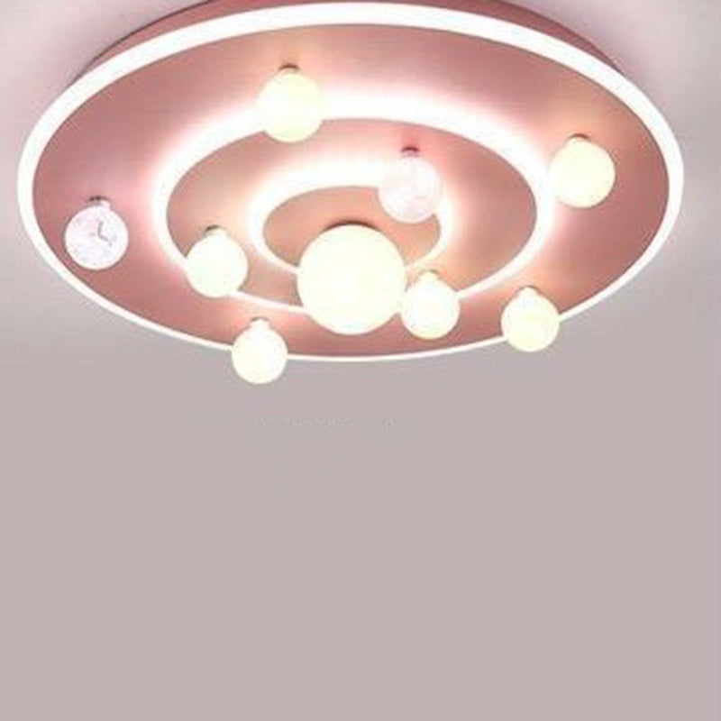 Round Space Planet LED Ceiling Light for Kids – Modern Iron Flush-Mount Fixture for Bedroom