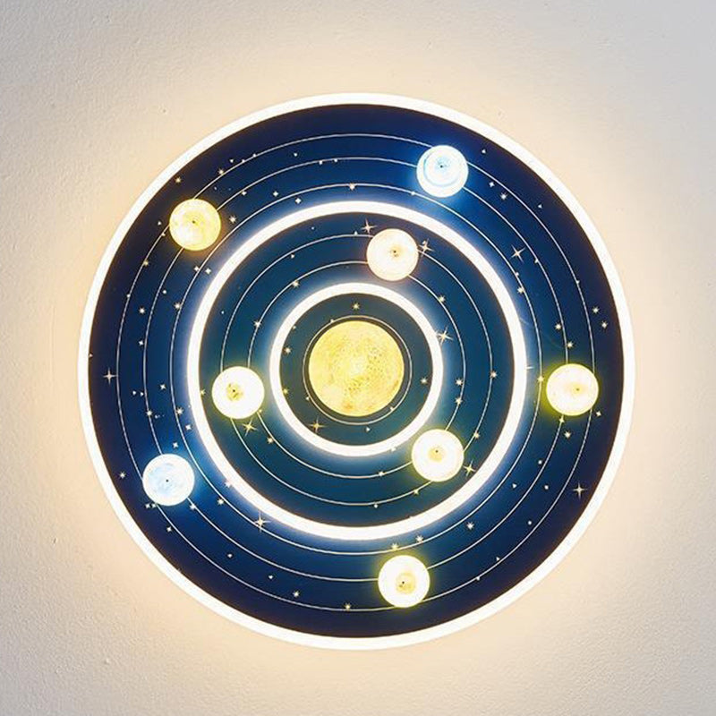 Round Space Planet LED Ceiling Light for Kids – Modern Iron Flush-Mount Fixture for Bedroom