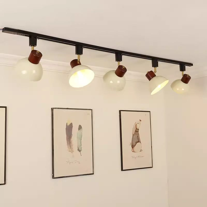Nordic Contemporary Iron & Wood Bowl Track Light — Round, Adjustable 1 to 5 Lights, Semi-Flush Ceiling Fixture for Dining Room
