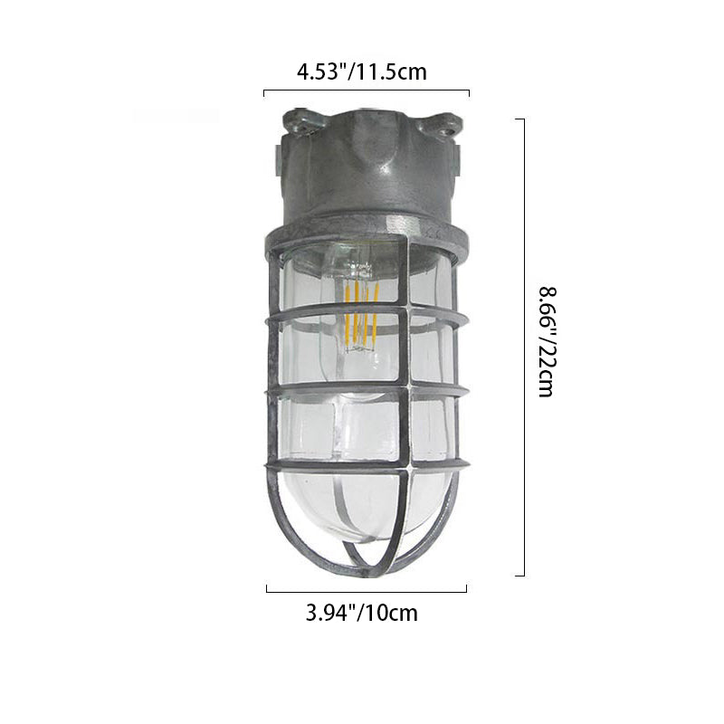 Modern Industrial Outdoor Ceiling Light - 1-Light, Waterproof Aluminum Alloy with Glass Cylinder Cage, Semi-Flush Mount for Patio