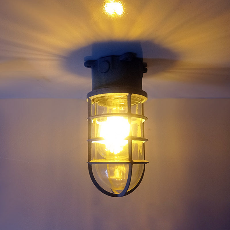 Modern Industrial Outdoor Ceiling Light - 1-Light, Waterproof Aluminum Alloy with Glass Cylinder Cage, Semi-Flush Mount for Patio
