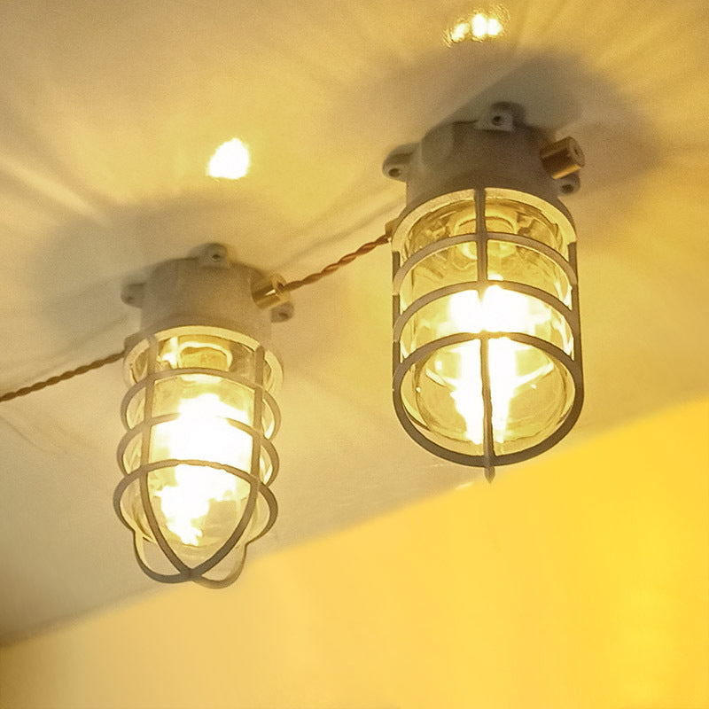 Modern Industrial Outdoor Ceiling Light - 1-Light, Waterproof Aluminum Alloy with Glass Cylinder Cage, Semi-Flush Mount for Patio