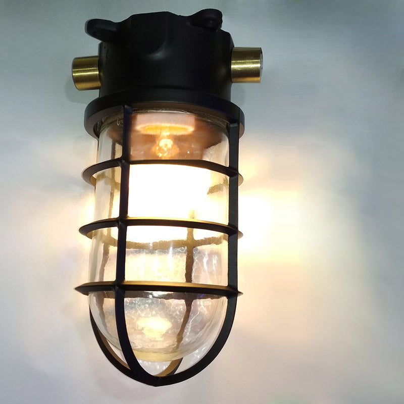 Modern Industrial Outdoor Ceiling Light - 1-Light, Waterproof Aluminum Alloy with Glass Cylinder Cage, Semi-Flush Mount for Patio