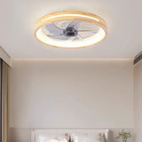Traditional Japanese Solid Wood LED Flush-Mount Ceiling Fan Light – Round Hollow Design with Iron, Acrylic & ABS for Bedroom