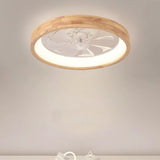 Traditional Japanese Solid Wood LED Flush-Mount Ceiling Fan Light – Round Hollow Design with Iron, Acrylic & ABS for Bedroom