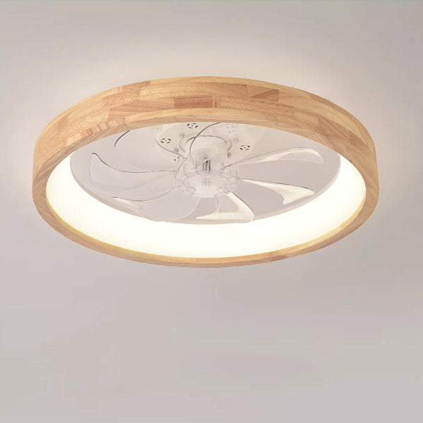 Traditional Japanese Solid Wood LED Flush-Mount Ceiling Fan Light – Round Hollow Design with Iron, Acrylic & ABS for Bedroom