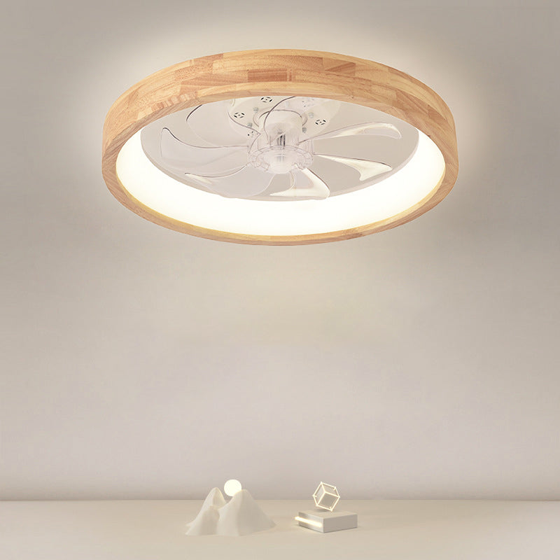 Traditional Japanese Solid Wood LED Flush-Mount Ceiling Fan Light – Round Hollow Design with Iron, Acrylic & ABS for Bedroom