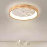 Traditional Japanese Solid Wood LED Flush-Mount Ceiling Fan Light – Round Hollow Design with Iron, Acrylic & ABS for Bedroom