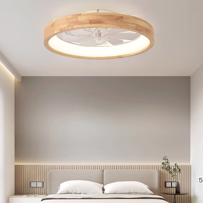 Traditional Japanese Solid Wood LED Flush-Mount Ceiling Fan Light – Round Hollow Design with Iron, Acrylic & ABS for Bedroom