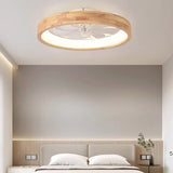 Traditional Japanese Solid Wood LED Flush-Mount Ceiling Fan Light – Round Hollow Design with Iron, Acrylic & ABS for Bedroom