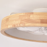 Traditional Japanese Solid Wood LED Flush-Mount Ceiling Fan Light – Round Hollow Design with Iron, Acrylic & ABS for Bedroom