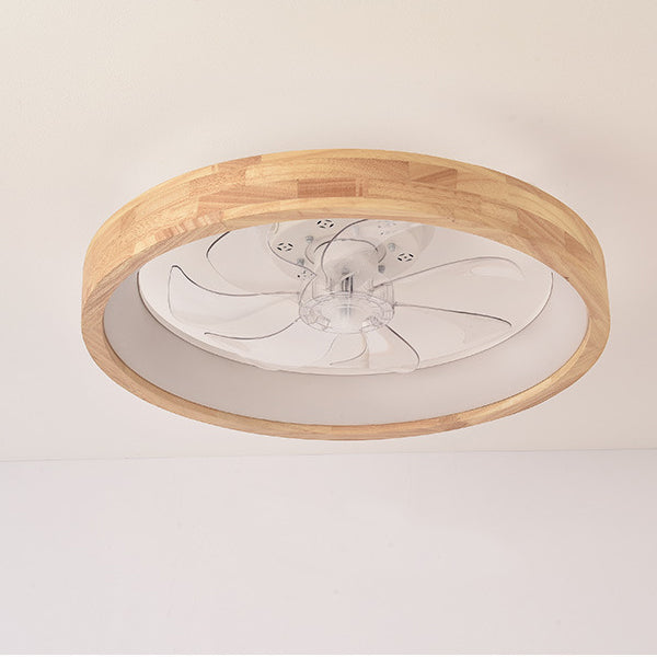 Traditional Japanese Solid Wood LED Flush-Mount Ceiling Fan Light – Round Hollow Design with Iron, Acrylic & ABS for Bedroom
