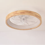 Traditional Japanese Solid Wood LED Flush-Mount Ceiling Fan Light – Round Hollow Design with Iron, Acrylic & ABS for Bedroom
