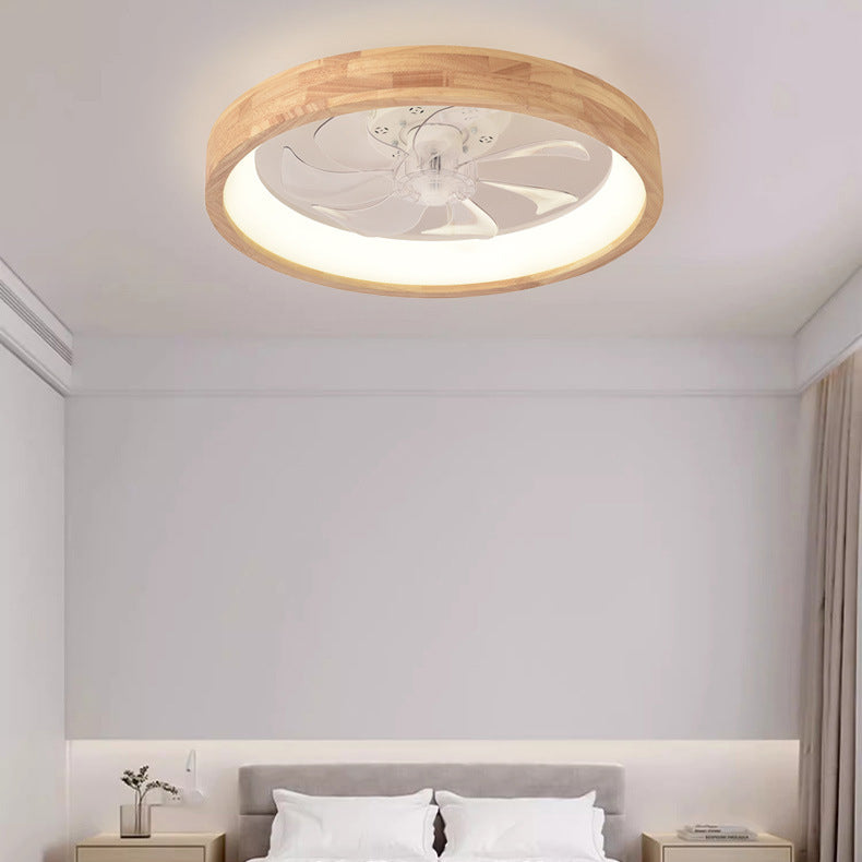 Traditional Japanese Solid Wood LED Flush-Mount Ceiling Fan Light – Round Hollow Design with Iron, Acrylic & ABS for Bedroom