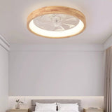 Traditional Japanese Solid Wood LED Flush-Mount Ceiling Fan Light – Round Hollow Design with Iron, Acrylic & ABS for Bedroom