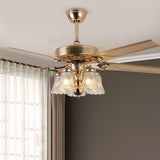Traditional European Bell Floral Ceiling Fan Light with Iron & Wood, PVC Glass, 5-Light Downrod for Living Room