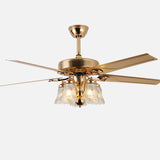 Traditional European Bell Floral Ceiling Fan Light with Iron & Wood, PVC Glass, 5-Light Downrod for Living Room