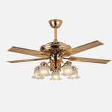 Traditional European Bell Floral Ceiling Fan Light with Iron & Wood, PVC Glass, 5-Light Downrod for Living Room