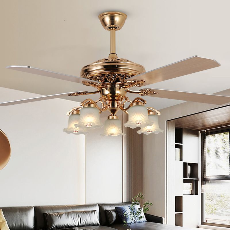 Traditional European Bell Floral Ceiling Fan Light with Iron & Wood, PVC Glass, 5-Light Downrod for Living Room