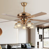 Traditional European Bell Floral Ceiling Fan Light with Iron & Wood, PVC Glass, 5-Light Downrod for Living Room