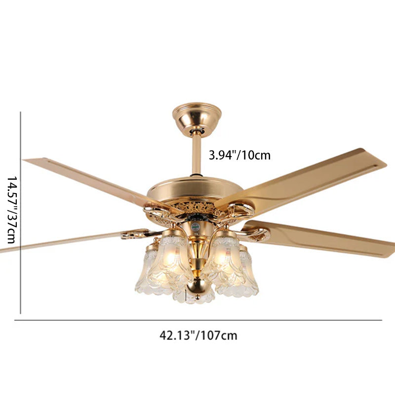 Traditional European Bell Floral Ceiling Fan Light with Iron & Wood, PVC Glass, 5-Light Downrod for Living Room