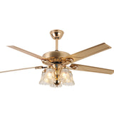 Traditional European Bell Floral Ceiling Fan Light with Iron & Wood, PVC Glass, 5-Light Downrod for Living Room