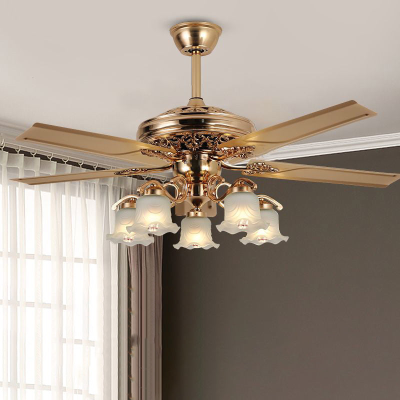 Traditional European Bell Floral Ceiling Fan Light with Iron & Wood, PVC Glass, 5-Light Downrod for Living Room