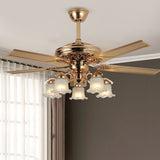 Traditional European Bell Floral Ceiling Fan Light with Iron & Wood, PVC Glass, 5-Light Downrod for Living Room