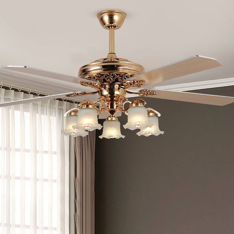 Traditional European Bell Floral Ceiling Fan Light with Iron & Wood, PVC Glass, 5-Light Downrod for Living Room