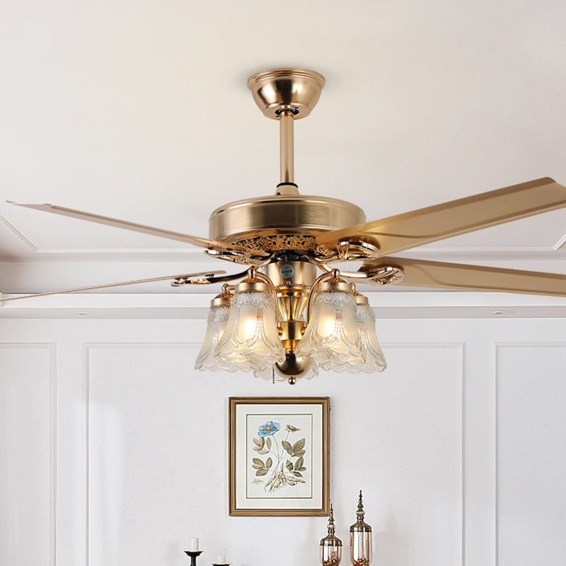 Traditional European Bell Floral Ceiling Fan Light with Iron & Wood, PVC Glass, 5-Light Downrod for Living Room