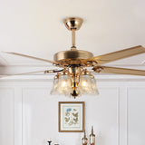 Traditional European Bell Floral Ceiling Fan Light with Iron & Wood, PVC Glass, 5-Light Downrod for Living Room