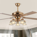 Traditional European Bell Floral Ceiling Fan Light with Iron & Wood, PVC Glass, 5-Light Downrod for Living Room