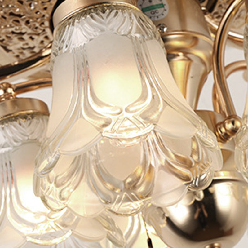 Traditional European Bell Floral Ceiling Fan Light with Iron & Wood, PVC Glass, 5-Light Downrod for Living Room