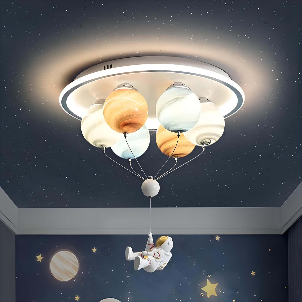 Contemporary Kids Space Ceiling Light – 6-LED, Iron, Resin & Glass Semi-Flush Mount with Planet, Hot Air Balloon & Astronaut Design for Bedroom