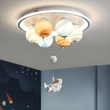 Contemporary Kids Space Ceiling Light – 6-LED, Iron, Resin & Glass Semi-Flush Mount with Planet, Hot Air Balloon & Astronaut Design for Bedroom