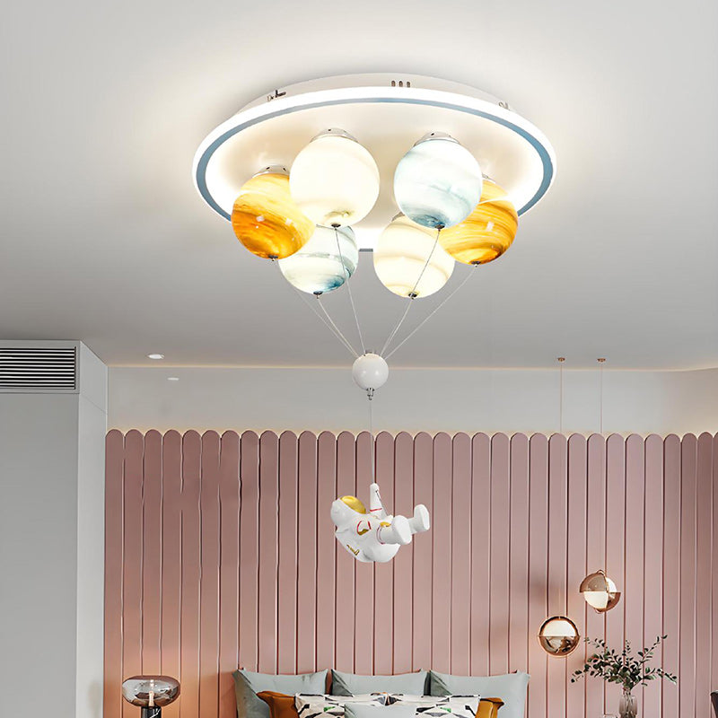 Contemporary Kids Space Ceiling Light – 6-LED, Iron, Resin & Glass Semi-Flush Mount with Planet, Hot Air Balloon & Astronaut Design for Bedroom