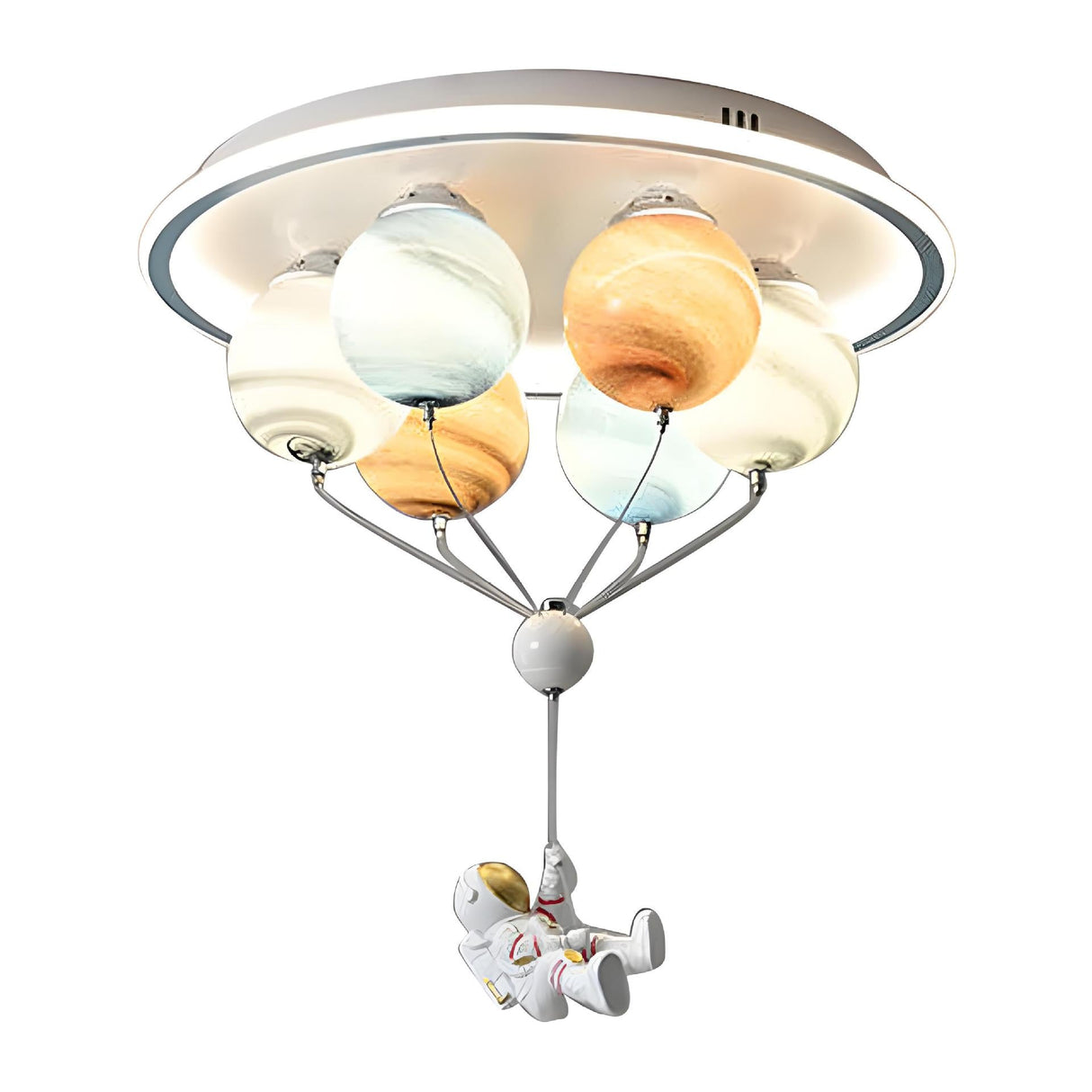 Contemporary Kids Space Ceiling Light – 6-LED, Iron, Resin & Glass Semi-Flush Mount with Planet, Hot Air Balloon & Astronaut Design for Bedroom