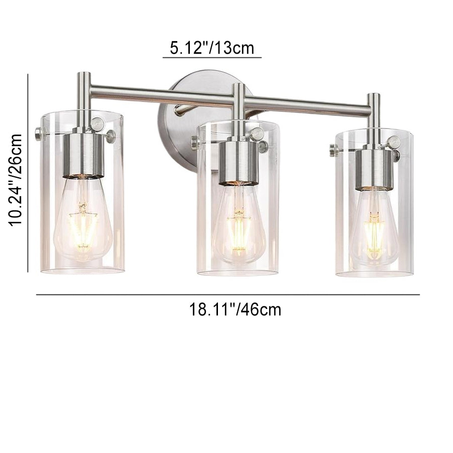 Sleek Contemporary Industrial Metal & Glass Cylinder 3‑Light Wall Sconce for Bathroom Vanity