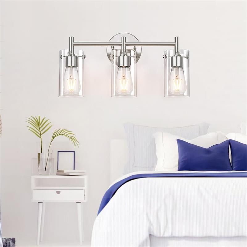 Sleek Contemporary Industrial Metal & Glass Cylinder 3‑Light Wall Sconce for Bathroom Vanity