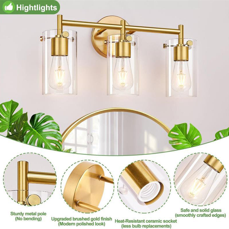 Sleek Contemporary Industrial Metal & Glass Cylinder 3‑Light Wall Sconce for Bathroom Vanity