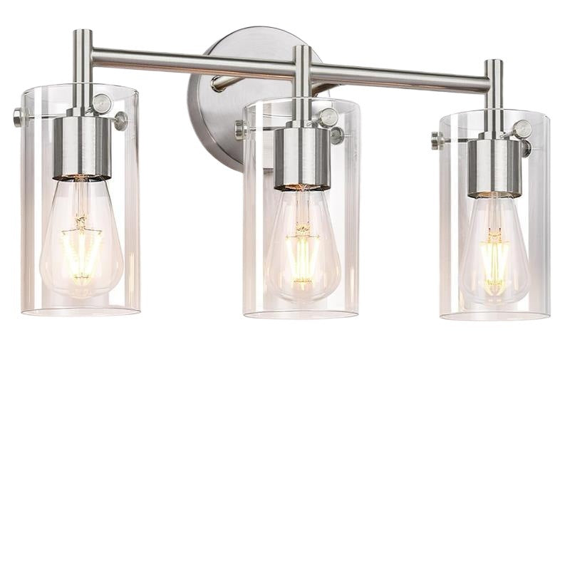 Sleek Contemporary Industrial Metal & Glass Cylinder 3‑Light Wall Sconce for Bathroom Vanity
