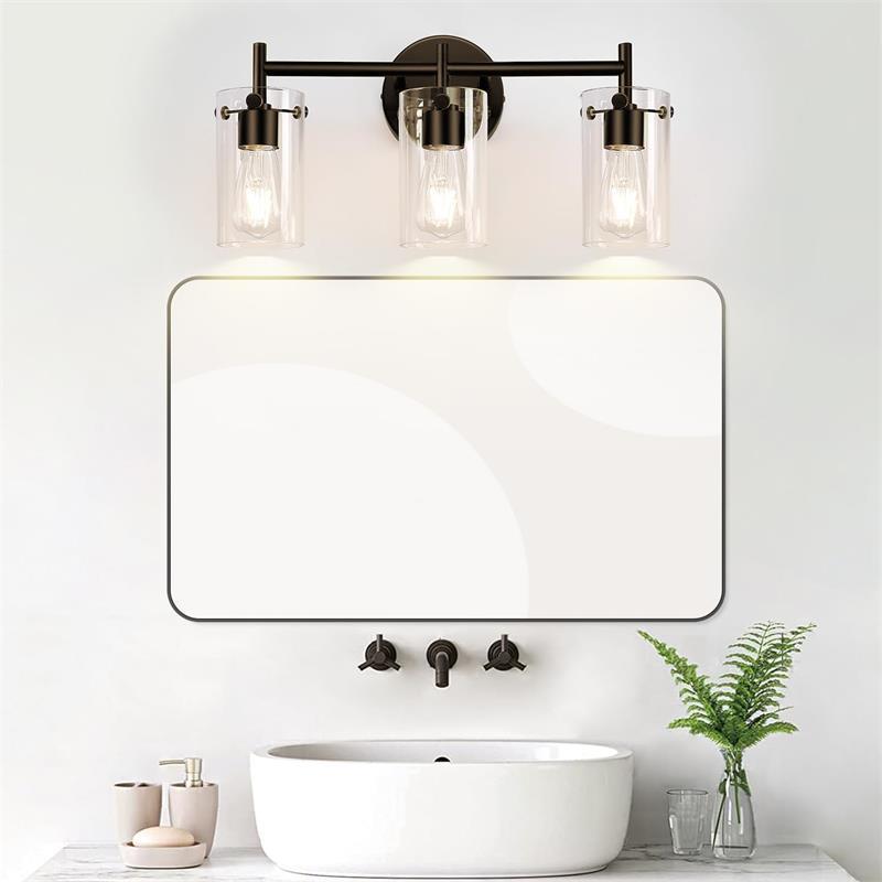 Sleek Contemporary Industrial Metal & Glass Cylinder 3‑Light Wall Sconce for Bathroom Vanity