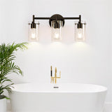 Sleek Contemporary Industrial Metal & Glass Cylinder 3‑Light Wall Sconce for Bathroom Vanity