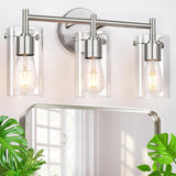 Sleek Contemporary Industrial Metal & Glass Cylinder 3‑Light Wall Sconce for Bathroom Vanity